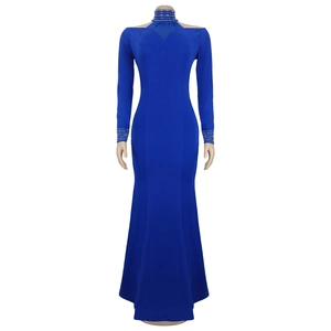 Detailed view of rhinestone beads on the high neck and cold shoulder of a royal blue dress