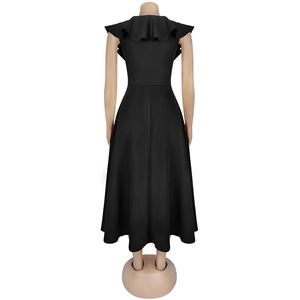 Detailed back view of a black elegant high waist dress featuring layered ruffle shoulders