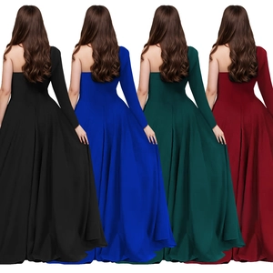 Rear view of one-shoulder maxi dresses in black, royal blue, dark green, and wine red