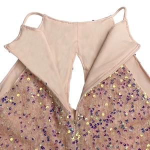 Detail of pink sequin dress featuring halter straps and a teardrop back cutout design