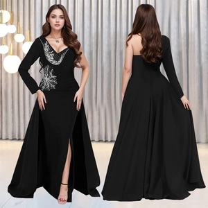 Elegant black V-neck evening gown with silver sequins and asymmetric split skirt