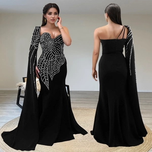 Abito da Sera Maxi da Donna con Spalla Singola Asimmetrica e Strass con Manica a Mantella Lunga Paillettes Abito da Festa Nero