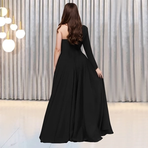 Elegant one-shoulder long sleeve black evening gown with a flowing A-line silhouette