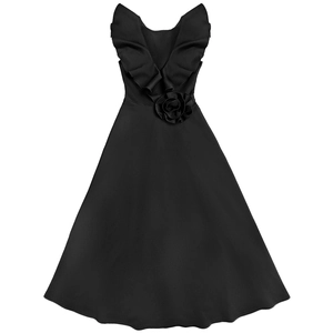 Detail of elegant black sleeveless dress with ruffled collar and 3D floral accent