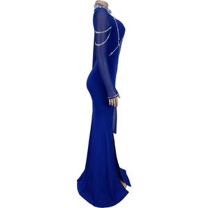 Détail de la robe moulante bleu royal avec strass et manches en tulle