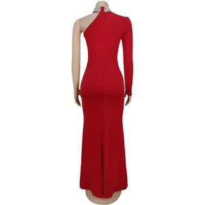 Detailed back view of red bodycon dress with rhinestone neck and high side slit