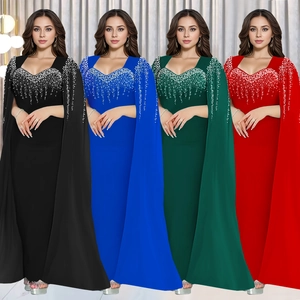 Robe de Soirée Élégante à Strass Cape pour Femmes Col en V Manches Cape Bodycon Longueur Sol Gown Banquet Fête Mariage