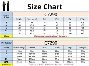Size chart table for elegant rhinestone dress C7290 with measurements from S to XXL