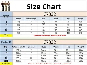 Size chart for sequin evening dress showing measurements for S to XXL sizes with weights