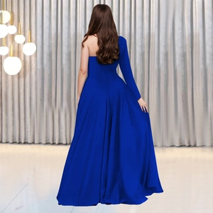 Back view of elegant royal blue one-shoulder maxi dress with draped A-line skirt detail