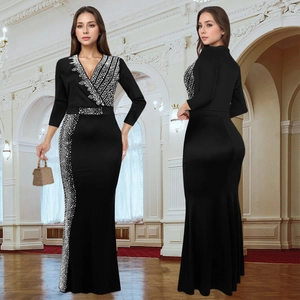 Elegant V Neck Mermaid Evening Dress For Women Black Rhinestone Formal Banquet Wedding Party Bodycon Maxi Dress