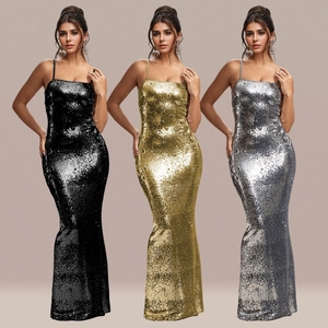 Women Sexy Sequin Mermaid Evening Gown Elegant Sling Sleeveless Slim Fit Floor Length Party Dress For Banquet Wedding