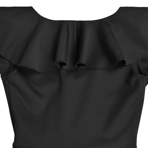 Detail of elegant ruffle collar and invisible side zipper on a black evening dress