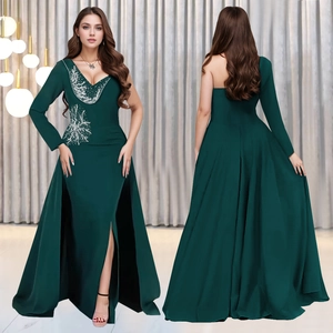 Elegant dark green V-neck evening gown with sequins, one-shoulder sleeve, and high side slit