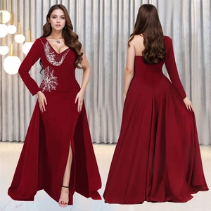 Elegant wine red off-shoulder maxi dress with silver rhinestone floral pattern and high slit