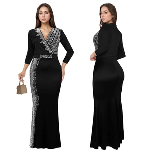 Elegant black V-neck maxi dress with silver rhinestones and a slimming mermaid silhouette
