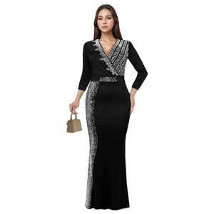 Elegant black V-neck slimming maxi dress with sparkling rhinestone floral patterns