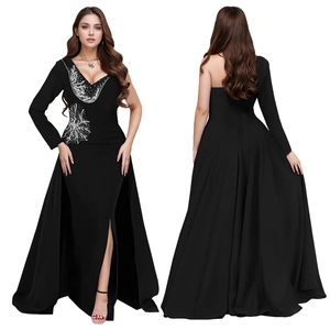 Detail of silver bead embroidery and high slit on a black V-neck evening gown