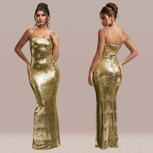 Sleeveless gold sequin evening dress with a mermaid silhouette and thin straps