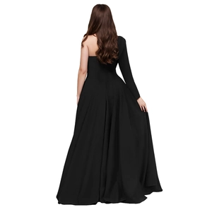 Detail of elegant black one-shoulder evening gown with draped skirt and back view profile