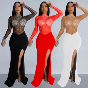 Sexy Mesh Rhinestone Mock Neck Long Sleeve Maxi Dress For Women Elegant High Slit Bodycon Banquet Party Evening Prom Gown