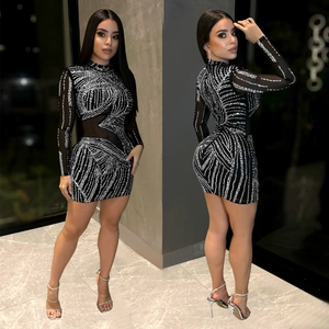 Damen Sexy Strass Durchsichtiges Netz Bodycon Minikleid Elegant Langarm Stehkragen Party Clubwear Nachtclub Bankett Kleid