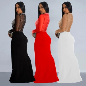 Sexy mesh sheer rhinestone dress in black, red, and white with elegant high slit design