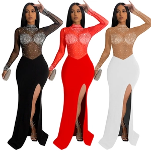Sleeveless sheer mesh dress with rhinestones and side slit in black, red, and white