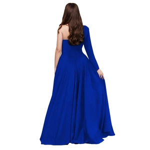 Rear view of royal blue asymmetric evening gown featuring a long sleeve and floor-length hem