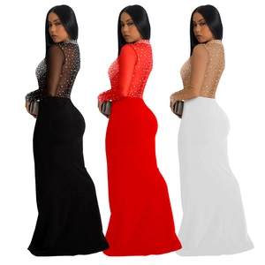 Detail of sheer mesh long sleeve evening dress with sparkling rhinestones in three colors