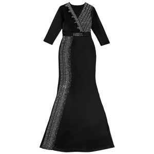 Detail of elegant black V-neck evening gown with sparkling silver rhinestone embellishments