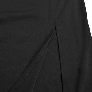 Detailed close-up of the professional hem stitching and slit design on the black evening dress