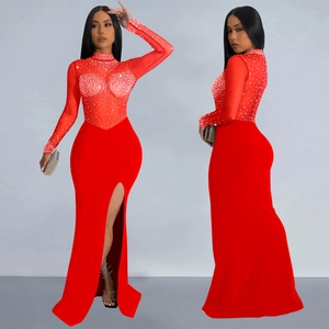 Sparkly red sheer mesh rhinestone evening dress with long sleeves and high side slit