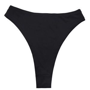 Close-up of black high-cut V-shaped bikini briefs with elastic knitted fabric