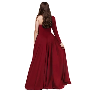 Back view of elegant red one-shoulder evening gown with long sleeve and floor-length hem
