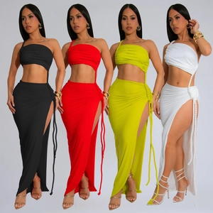 Femmes Sexy Haut Et Bas Été Couleur Unie Fente Latérale Jupe Maxi Polyester Cousu Dos Nu Moulante Tenues De Soirée Club