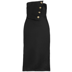 Detail of the black strapless midi dress featuring decorative embossed gold buttons