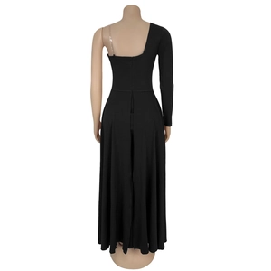 Detail view of the elegant one-shoulder black evening gown with hidden back zipper
