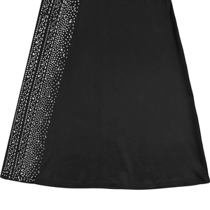 Detail of elegant black dress featuring silver sequins and rhinestone embellishments