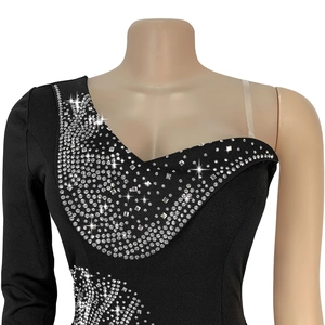 Detail of V-neck dress with silver rhinestone wave pattern and one-shoulder sleeve