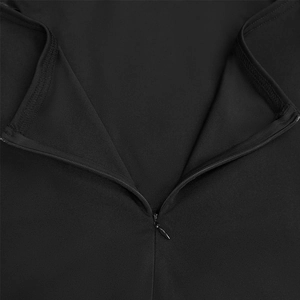 Detail of the high-quality concealed zipper on the sleek black strapless dress