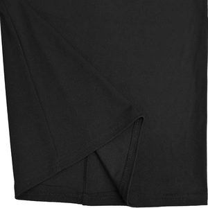 Detailed close-up of double-stitched hem and smooth black knitted fabric texture