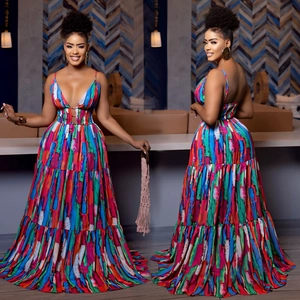 Damen Sexy V-Ausschnitt Spaghettiträger Maxi Kleid Bohemian Abstrakter Druck Stufenrock Gesmokte Hohe Taille Urlaubs Kleid