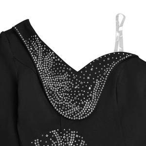 Detailed close-up of V-neckline with sparkling rhinestones and transparent shoulder strap