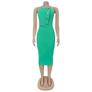 Detail of emerald green strapless midi dress featuring four decorative gold buttons