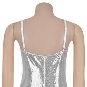 Close-up of adjustable straps and hidden zipper on silver sequin evening party dress