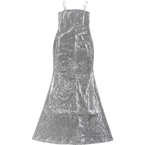 Detail view of sparkly silver sequins on an elegant fishtail formal evening gown
