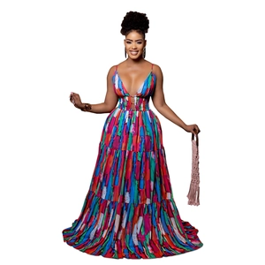 Boho-Maxikleid mit V-Ausschnitt, buntem Kunstdruck und elastischer hoher Taille