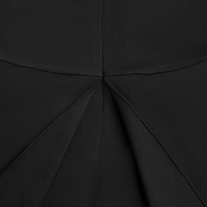 Close-up of pleated black fabric texture with neat stitching on V-neck dress