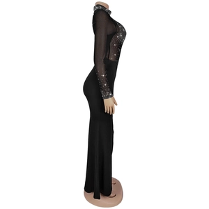 Detail of sheer black mesh long sleeve bodysuit with sparkling silver rhinestones